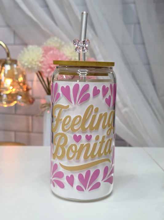 Feeling Bonita 16oz Glass Cup, Mug Gift For Girlfriend, Gift For Mom, Birthday Gift for Her, Latina Gift, Gift for Mexican Women, Gift For Wife, Gift Ideas For Women, Tumbler Gift For Sister, Gift For Friend, Birthday Gift For Latina Girlfriend